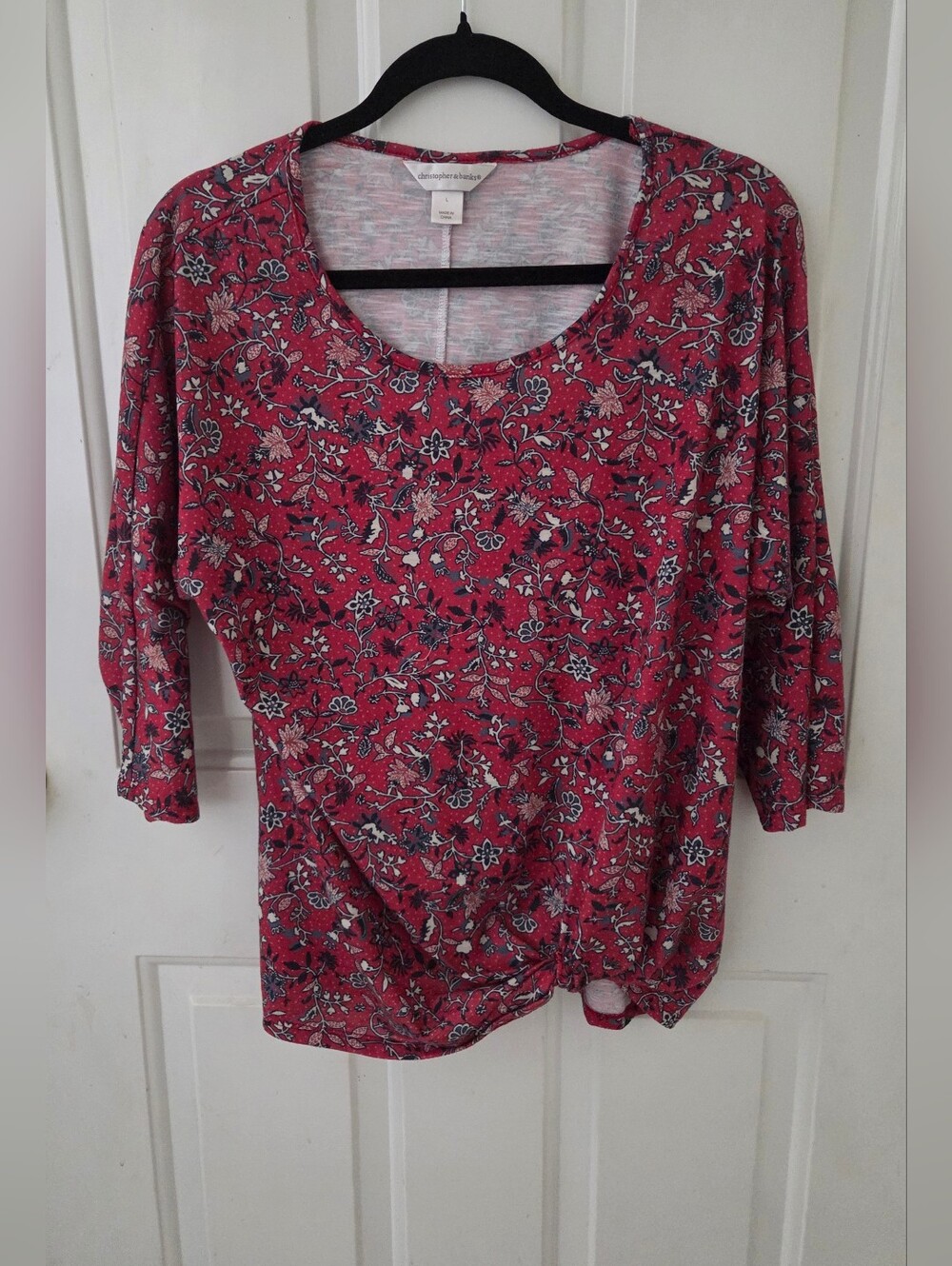 Christopher & Banks Red & Navy Peint Top Large